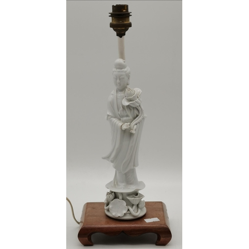 160 - Chinese porcelain blanc de chine glazed Guanyin table lamp raised on a hardwood stand, 47.5cm high p... 