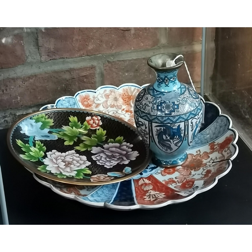 169 - Chinese cloisonné plate enamelled with a butterfly amongst flowers, a 19th century Japanese Meiji pe... 