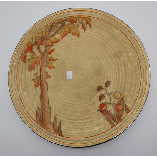 172 - Clarice Cliff 'Rhodanthe' cake plate c1936 D23cm, plus Charlotte Rhead art deco Autumn Leaves charge... 