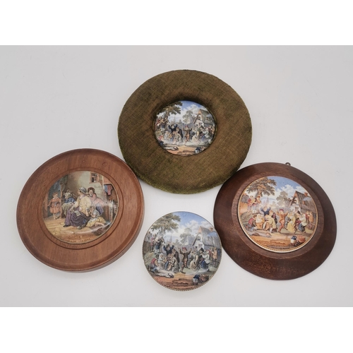 233 - 4 x vintage old ceramic Prattware pot lids, including 'Hide and Seek', and three 'The Village Weddin... 