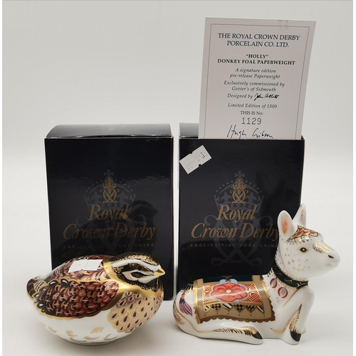 235 - A Royal Crown Derby donkey foal 'Holly' limited edition 1129/1500 with certificate, plus dapple quai... 