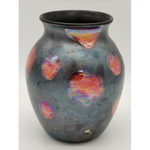 33 - A Poole Pottery baluster vase, 'Metallic Galaxy', with irregular orange-red dots to a black lustre g... 