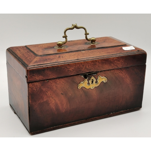 57 - A brass-mounted oak tea caddy, rectangular, the divided interior with two metal caddies (lacking cov... 