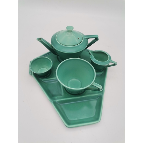 252 - Royal Cauldon Art Deco bachelors Tea Service in matte green glaze with angular handles. Teapot, milk... 