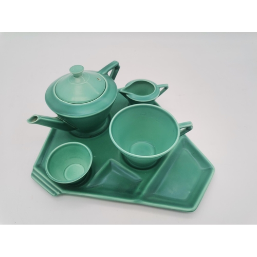 252 - Royal Cauldon Art Deco bachelors Tea Service in matte green glaze with angular handles. Teapot, milk... 