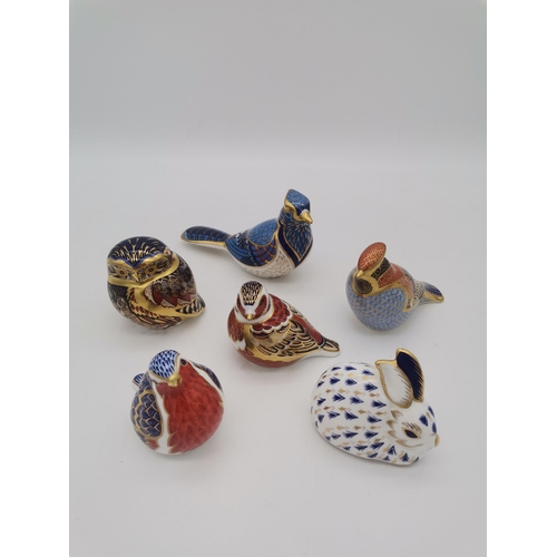 263 - x6 Royal Crown Derby paperweights - Blue Jay, Robin, Chaffinch, Rabbit, Waxwing (no stopper) little ... 