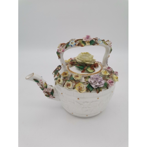 265 - Vintage Meissen porcelain kettle with floral encrusted decoration, underglaze blue crossed swords to... 