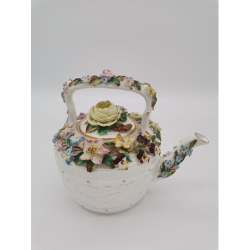 265 - Vintage Meissen porcelain kettle with floral encrusted decoration, underglaze blue crossed swords to... 