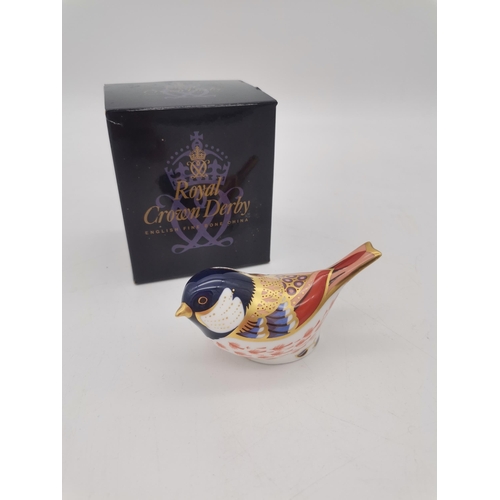 277 - Royal Crown Derby Coal Tit paperweight with gold stopper and box