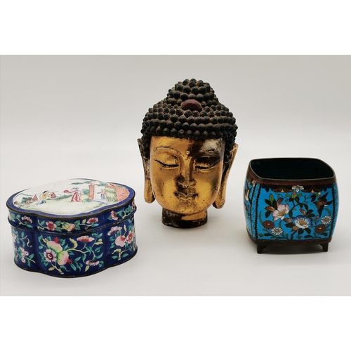 293 - Cloisonné tidy box, Chinese floral enamel box and vintage gilt case iron Buddha head