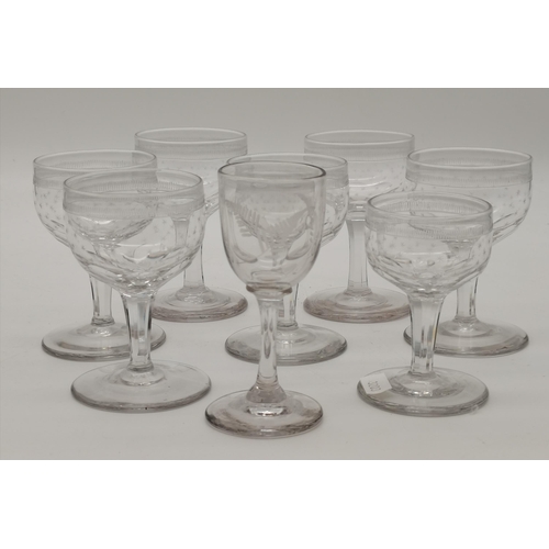 295 - Set of 6 etched antique port glasses plus 2 others