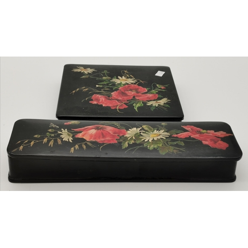 310 - Two Victorian papier-mâché boxes, one square, the other rectangular, both decorated with poppies and... 