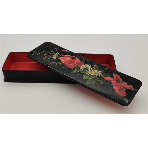 310 - Two Victorian papier-mâché boxes, one square, the other rectangular, both decorated with poppies and... 