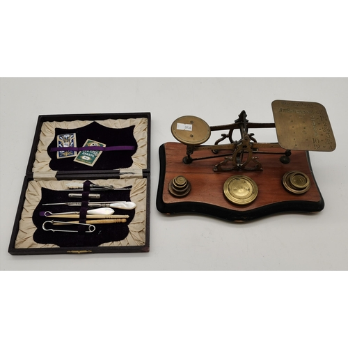 313 - Antique brass postal letter scales and weights plus Vintage needlework sewing box