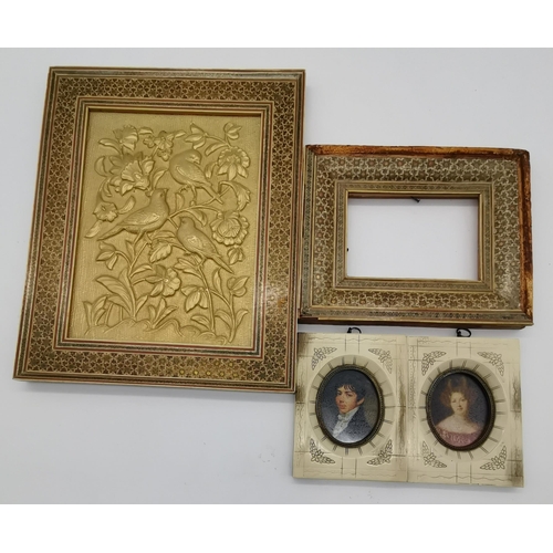 314 - Pair of antique miniatures plus carving of birds in frame plus smaller matching frame