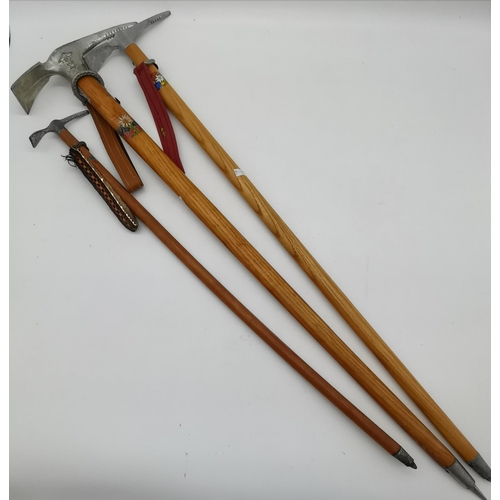 347 - x3 vintage Swiss / Austrian ice axes 70cm, 80cm, and 90cm length