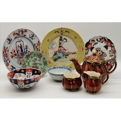 363 - x 6 Oriental plates and bowls plus Royal Winton Rouge Milk Jug, Sugar Bowl and Tea Pot