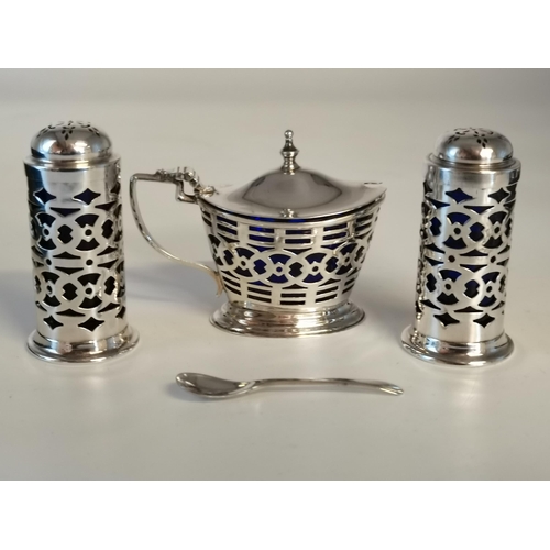 395 - A late Victorian silver cruet set by Atkin Brothers, Sheffield 1900 and 1901, comprising cylindrical... 