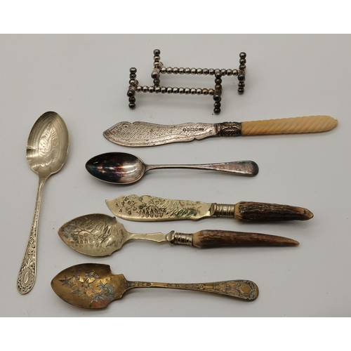 401 - A mixed group of silver and silver-plated items, including a Victorian silver-bladed fish knife by A... 