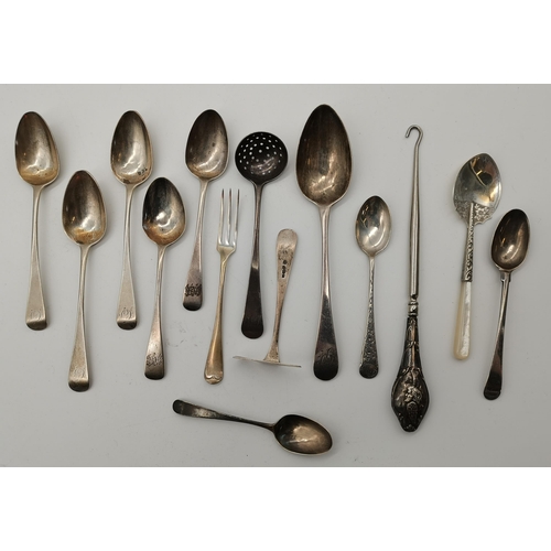 403 - A quantity of assorted silver spoons, etc., George III and later, including a late Victorian pair of... 