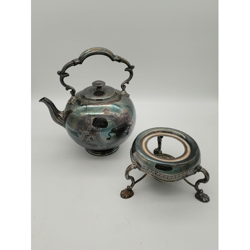 406 - A silver-plated spirit kettle on stand, late 19th Century, globular, with shell-capped fixed scrolli... 