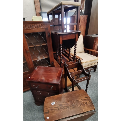 934 - Teak blanket box, Drop leaf table with barley twist legs, Mahogany bench, Umbrella stand, Small drop... 