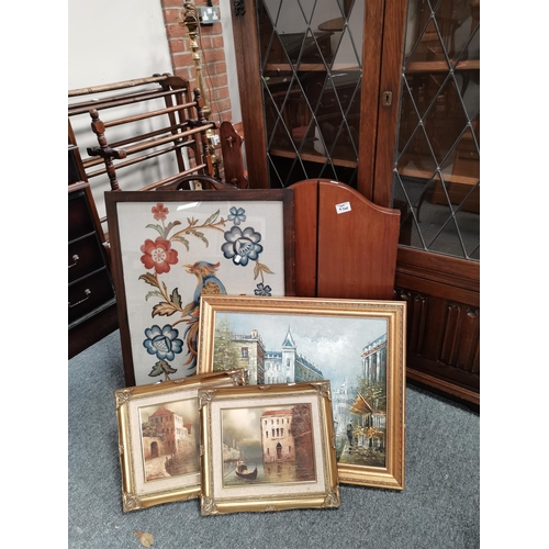 934a - Mahogany dressing table mirror, Framed fire screen and x3 oil paintings