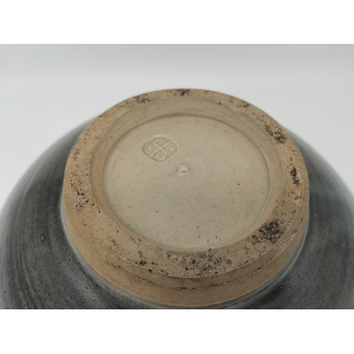 125 - A Leach Pottery, St.Ives large stoneware bowl, decorated with flowers to the well, black rim and ext... 