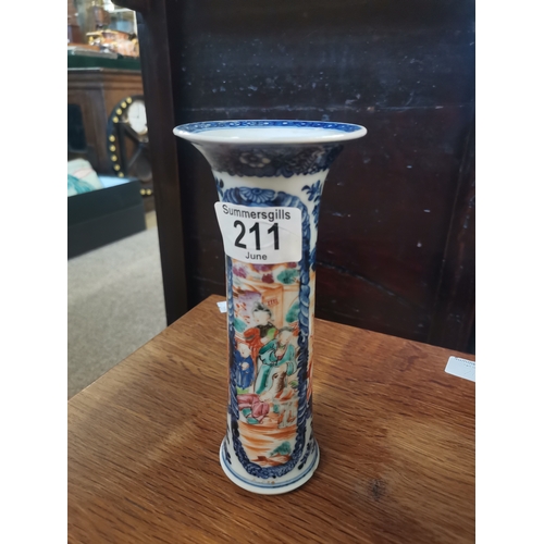 211 - A Chinese porcelain sleeve vase, decorated with two coloured figural panels to a blue and white grou... 