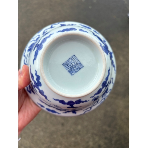 212 - A Chinese Qianlong porcelain blue and white bowl, 1800s, decorated with five-toed dragons to the ext... 