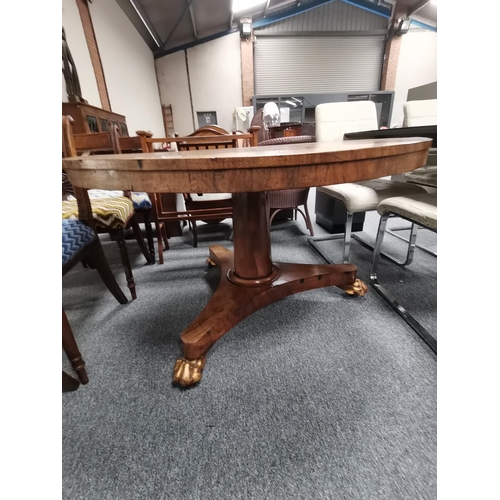 949 - William 4th Rosewood  fold over round dining table sat on Claw feet with castors D118cm and cutlery ... 