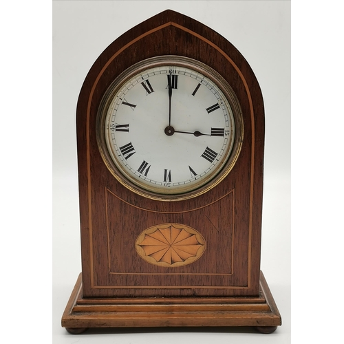 10 - French Edwardian 8-day Mahogany Bedside Clock in Lancet style case with stringing and fan inlay, on ... 