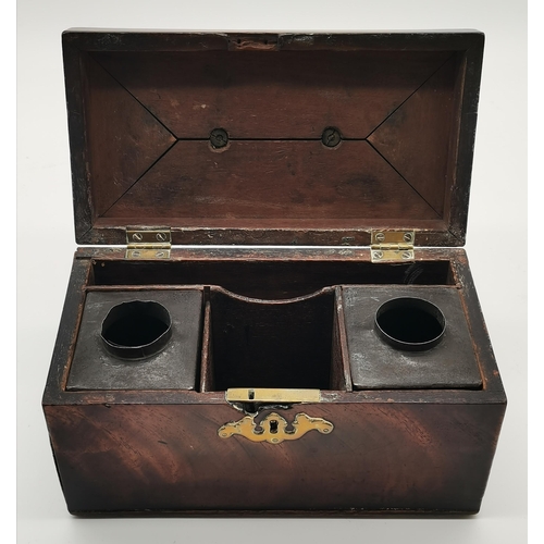 24 - A brass-mounted wooden tea caddy, rectangular, the divided interior with two metal caddies (lacking ... 