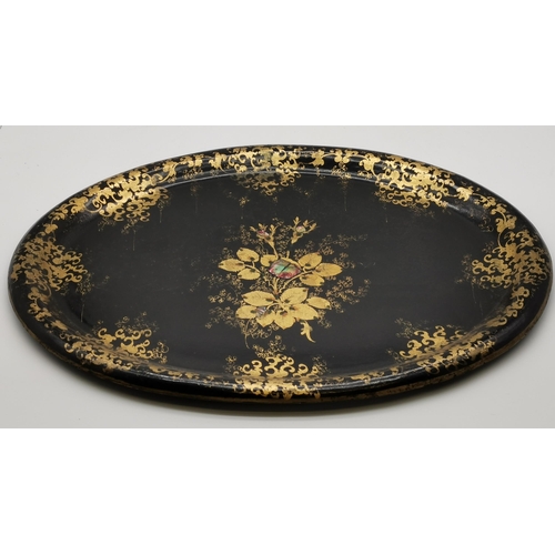 46 - Antique oval papier-mâché tray with a raised border and gold gilt stenciling with mother of pearl ro... 