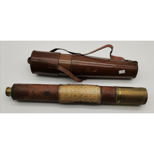 54 - Antique Telescope 19th Century maritime leather cased single draw brass telescope  with flag code in... 