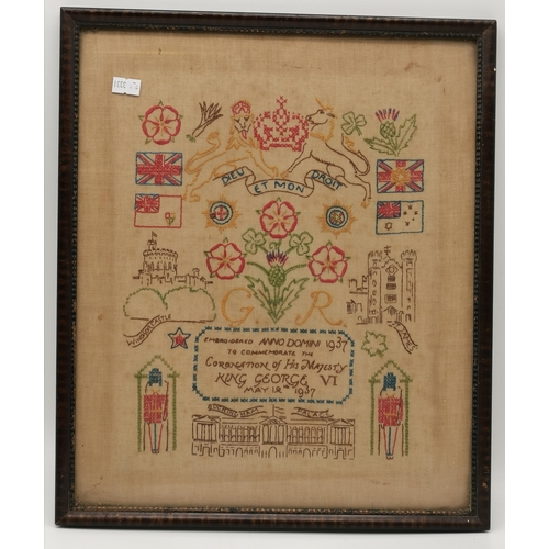 55 - Framed decorative sampler made for the coronation of George VI in 1937 featuring Buckingham Palace, ... 