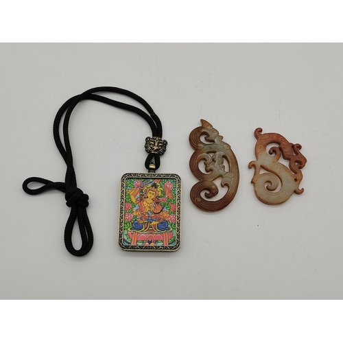 56b - A Nepalese style pendant and 2 x Chinese style jade effect scrolls