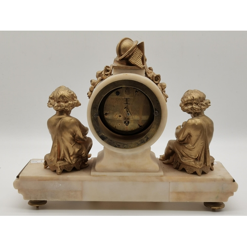 7 - A French gilt metal and marble mantel clock, the circular white dial with black Roman numerals, with... 