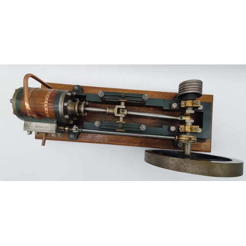 73 - A horizontal single-cylinder mill steam engine model, to a wooden base. Base approx. 49cm by 16.5cm