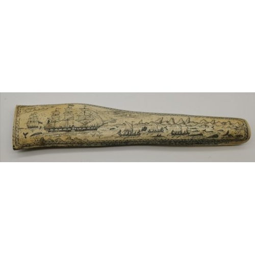 256 - Cow horn powder horn engraved with HMS Dido, signed W.Standish 1785, and a resin repro scrimshaw bon... 
