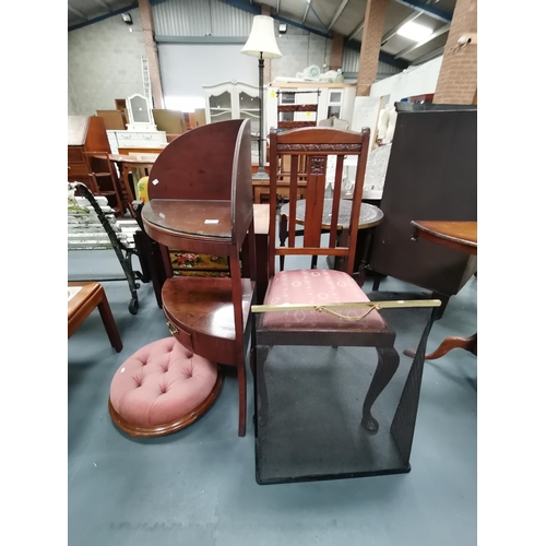 1127 - Mahogany corner wash stand, low foot stool, hall chair and fire guard