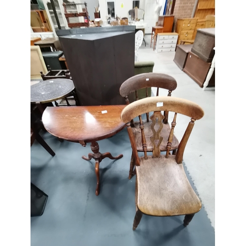 1128 - Mahogany half moon side table and 2 oak spindle backed chairs