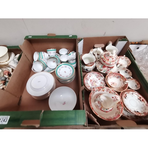 1243 - x6 boxes misc. items incl Copeland Spode china tea set, cut glass decanters, brandy glasses, Porcela... 