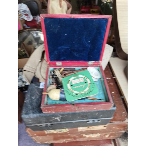 1287 - 3 x vintage leather suitcases, Antique fishing items, HORNER accordion, brass coal scuttle etc