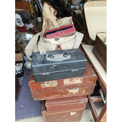 1287 - 3 x vintage leather suitcases, Antique fishing items, HORNER accordion, brass coal scuttle etc