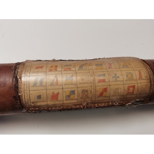 54 - Antique Telescope 19th Century maritime leather cased single draw brass telescope  with flag code in... 