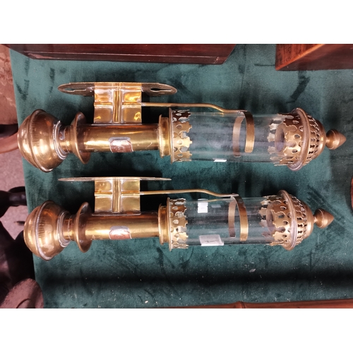 34 - A pair of Victorian brass railway carriage lamps, wall-mounted, with GWR copper name plaques. (2) 35... 