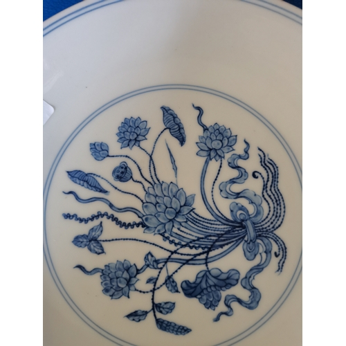 56 - A Ming style Chinese blue and white dish 20cm with six character mark and having floral decoration