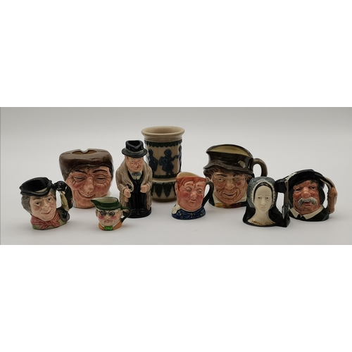 112 - A collection of seven Royal Doulton miniature character jugs including Anne Boleyn (D6651) and Sanch... 