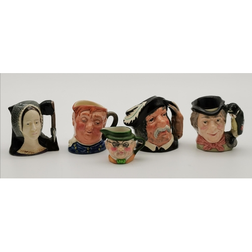 112 - A collection of seven Royal Doulton miniature character jugs including Anne Boleyn (D6651) and Sanch... 